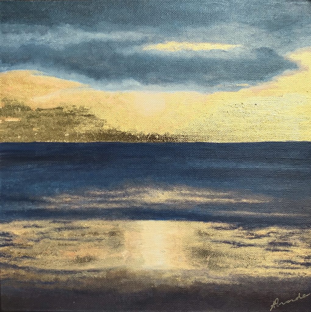 paysage de mer couché de soleil or et bleu