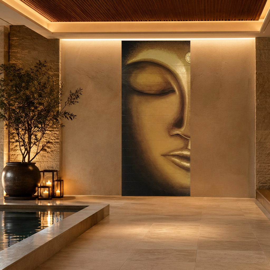 Œuvre d’art contemporaine grand format dans un intérieur de spa haut de gamme