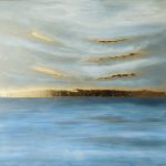 Peinture contemporaine représentant la mer dans des tons bleus et dorés